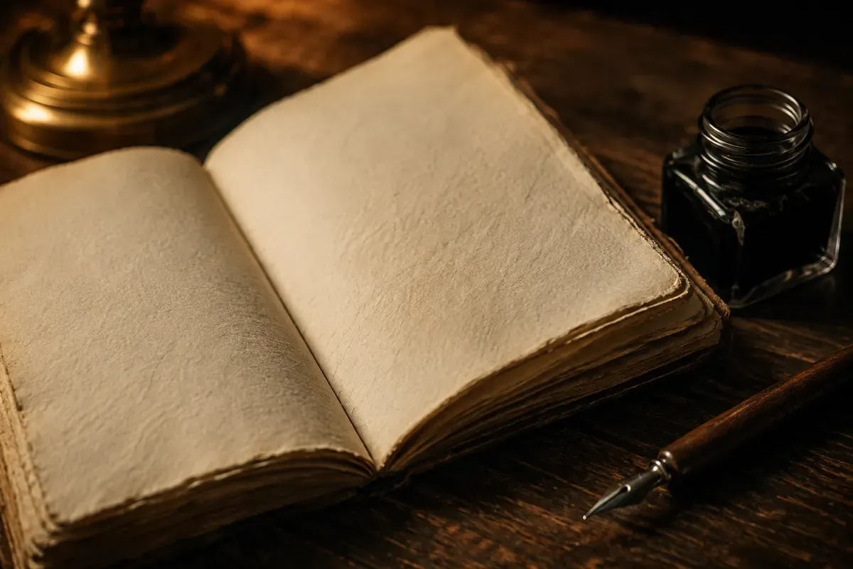 Carnet ancien ouvert sur des pages vierges, encrier et porte-plume sur un bureau de bois